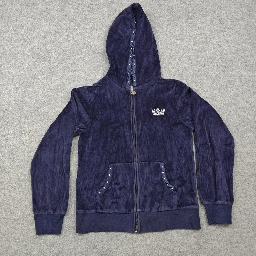 Arizona Jean Company Hoodie Girls 10/12 Blue Velour Full Zip Rhinestone Crown